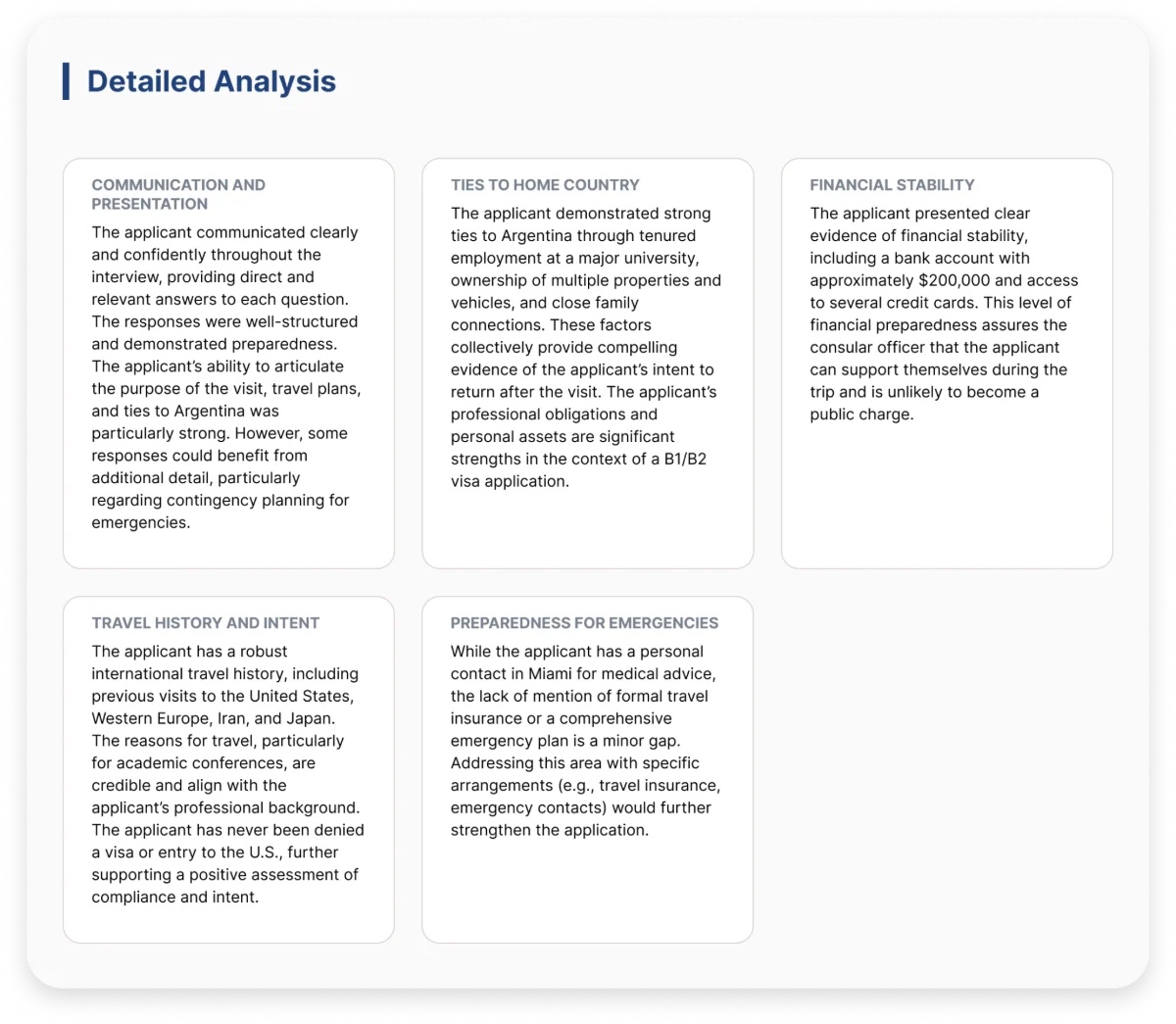 Sample ImmiPrep report: detailed analysis of ties to home country, financial stability, and emergency preparedness