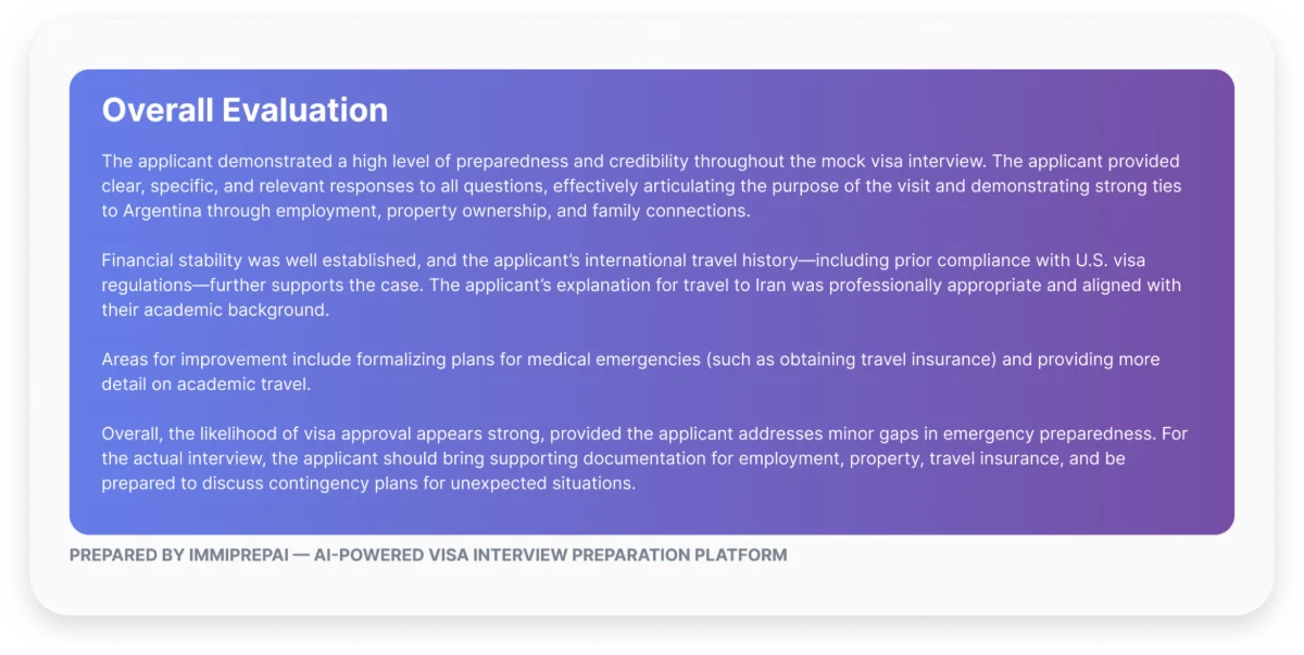 Sample ImmiPrep report showing an overall evaluation of visa interview readiness, including strengths and areas for improvement