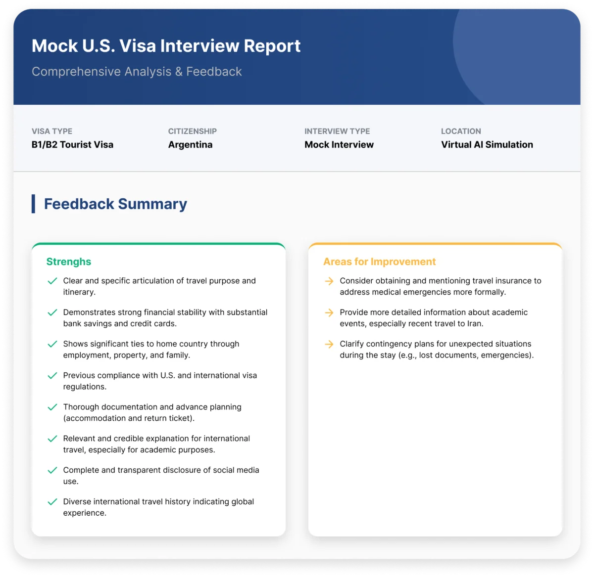 Sample ImmiPrep report: feedback summary with strengths and areas to improve for a B1/B2 visa interview